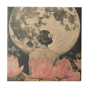 Moonlit Elegance - Back View of Woman with Moon Ceramic Tile