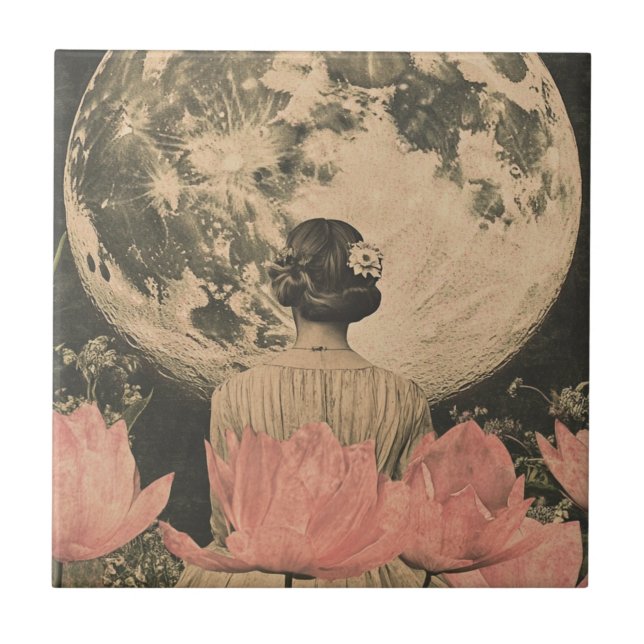 Moonlit Elegance - Back View of Woman with Moon Ceramic Tile (Front)