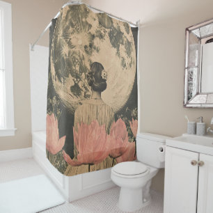 Moonlit Elegance - Back View of Woman with Moon Shower Curtain
