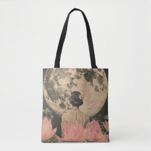 Moonlit Elegance - Back View of Woman with Moon Tote Bag