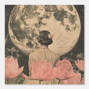 Moonlit Elegance - Back View of Woman with Moon Wallpaper