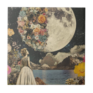 Moonlit Elegance - Woman with Moon (2) Ceramic Tile