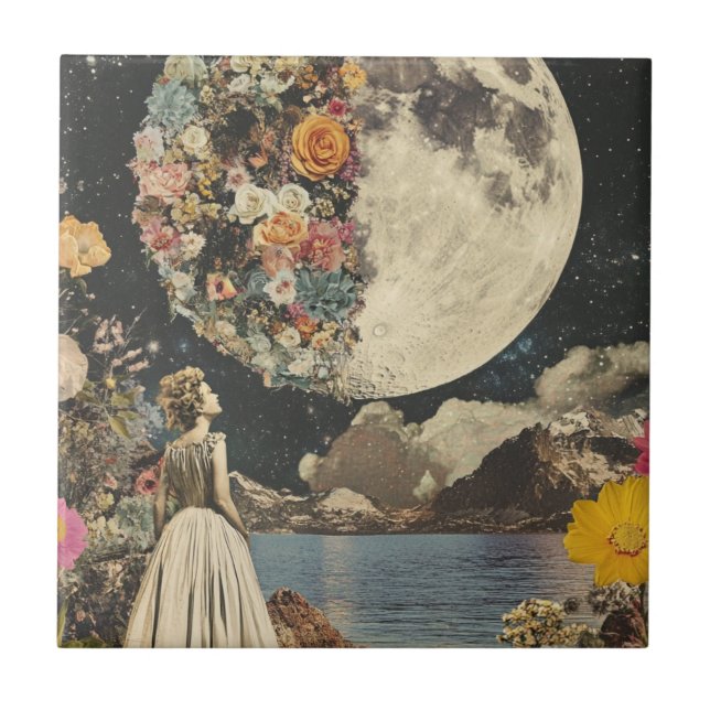 Moonlit Elegance - Woman with Moon (2) Ceramic Tile (Front)