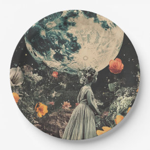 Moonlit Elegance - Woman with Moon (3) Paper Plate