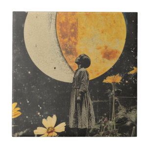 Moonlit Elegance - Woman with Moon Ceramic Tile