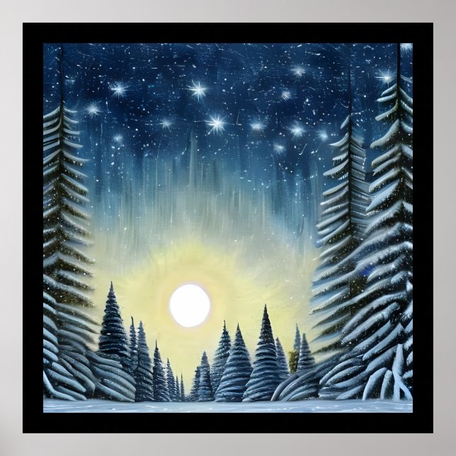 Moonlit Evergreen Snowscape Under The Night Stars Poster (Front)