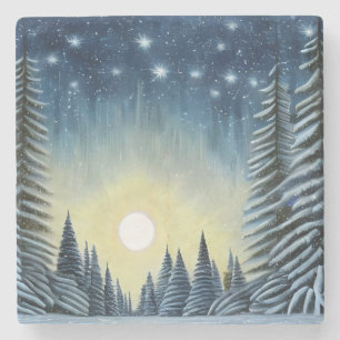 Moonlit Evergreen Snowscape Under The Night Stars Stone Coaster