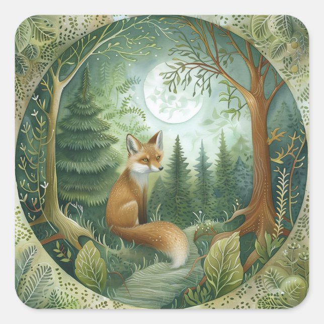 Moonlit Forest Fox Square Sticker (Front)