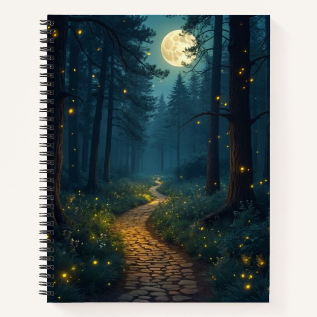 Moonlit Forest Path with Fireflies Notebook (Front)