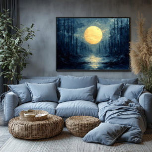 Moonlit Forest Reflection – Abstract Blue & Gold Poster