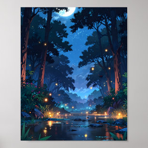 Moonlit Forest River Poster