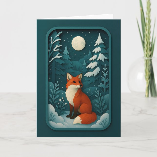 Moonlit Fox in Snowy Forest Card (Front)