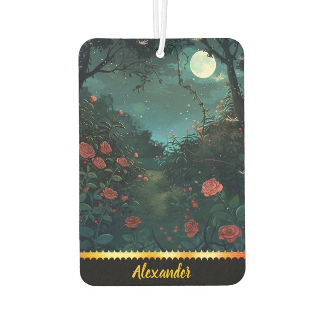 Moonlit garden path surrounded by blooming roses car air freshener (Back)