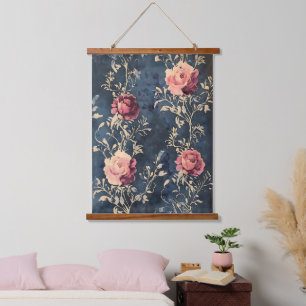Moonlit Garden – Vintage Roses on Midnight Blue Hanging Tapestry