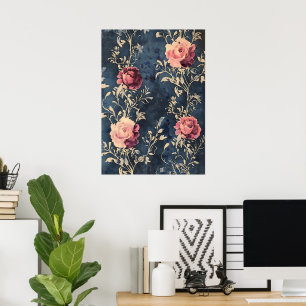 Moonlit Garden – Vintage Roses on Midnight Blue Poster