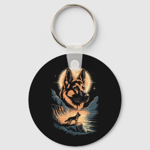 Moonlit German Shepherd Dog Night Lake Scene Key Ring