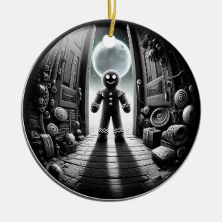 Moonlit Gingerbread Visitor in Doorway | Fisheye Ceramic Ornament