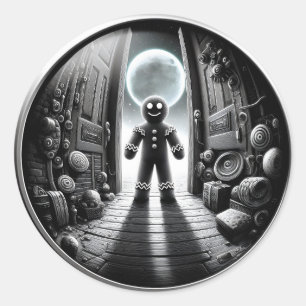 Moonlit Gingerbread Visitor in Doorway Fisheye Classic Round Sticker