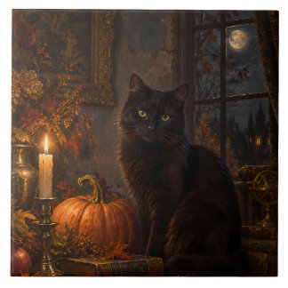 Moonlit Gothic Black Cat Autumn Ceramic Tile