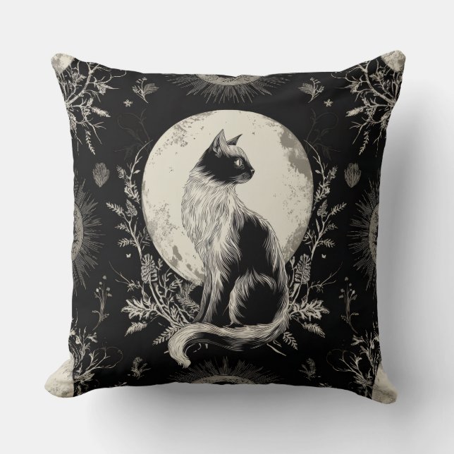 Moonlit Gothic Black Cat Throw Pillow (Front)