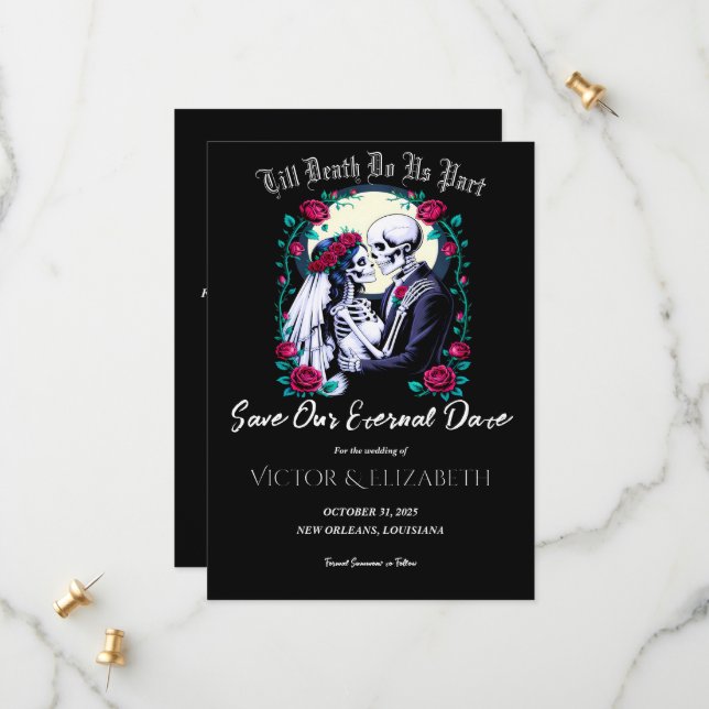 Moonlit Gothic Skeleton & Rose Wedding Save The Date (Front/Back In Situ)