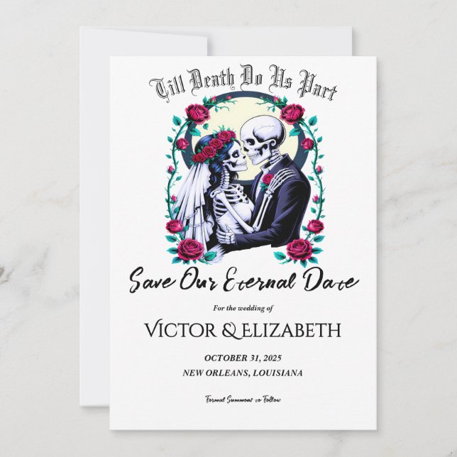 Moonlit Gothic Skeleton & Rose Wedding Save The Date (Front)