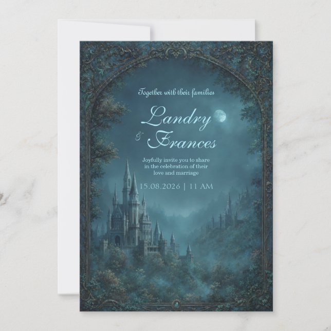 Moonlit Gothic Teal Fantasy Castle Wedding Invitation (Front)