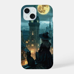 ​Moonlit Gothic Witch & Black Cat Rooftop iPhone C 15 Case