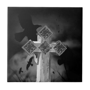 Moonlit GraveYard Gothic Cross With Crows Ceramic Tile