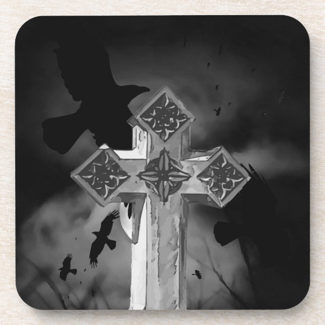 Moonlit GraveYard Gothic Cross With Crows Coaster (Front)