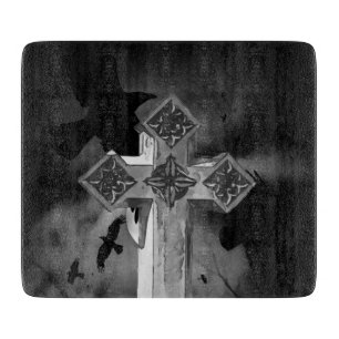Moonlit GraveYard Gothic Cross With Crows Cutting Board
