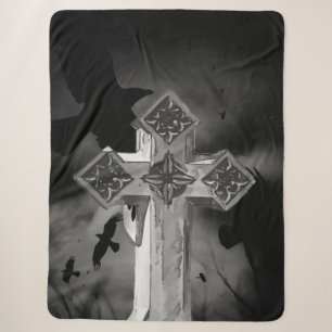 Moonlit GraveYard Gothic Cross With Crows Sherpa Blanket