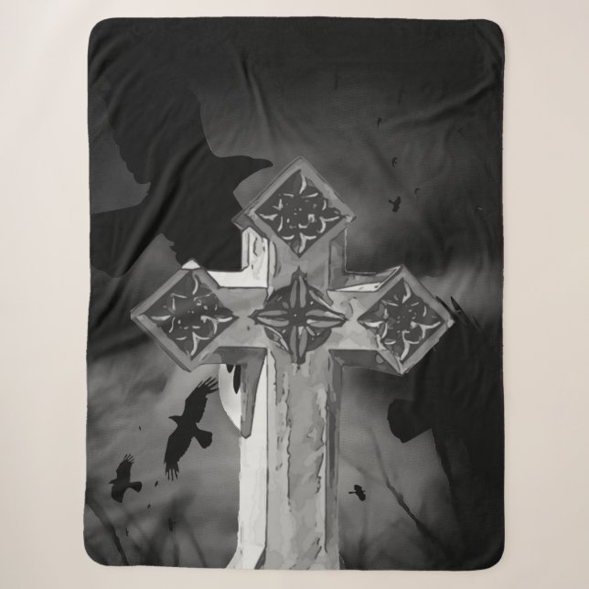 Moonlit GraveYard Gothic Cross With Crows Sherpa Blanket (Front)