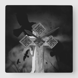 Moonlit GraveYard Gothic Cross With Crows Square Wall Clock