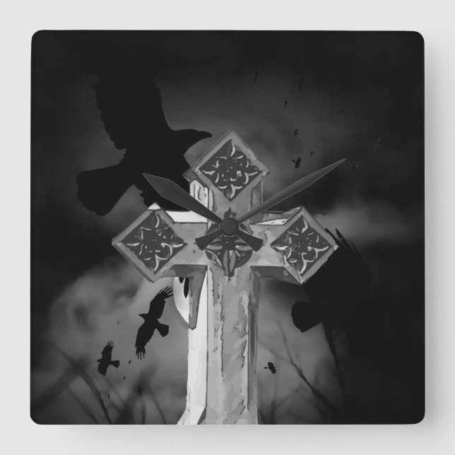 Moonlit GraveYard Gothic Cross With Crows Square Wall Clock (Front)