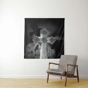Moonlit GraveYard Gothic Cross With Crows Tapestry