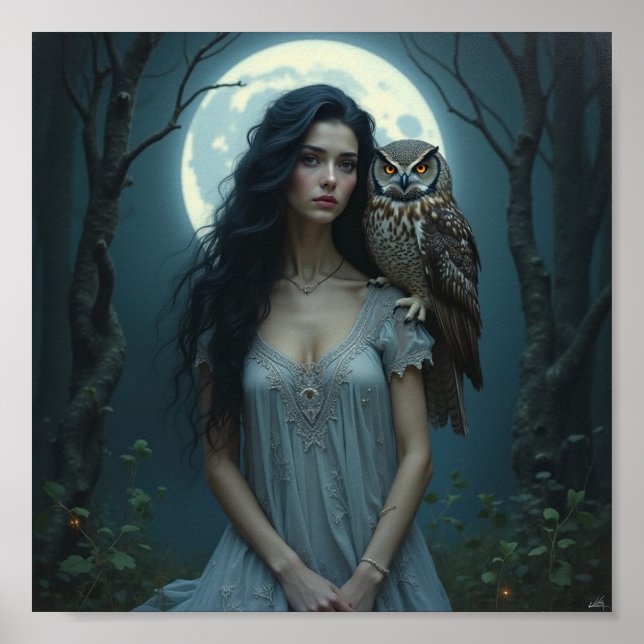 Moonlit Guardian – Fantasy Woman & Owl Art Poster (Front)