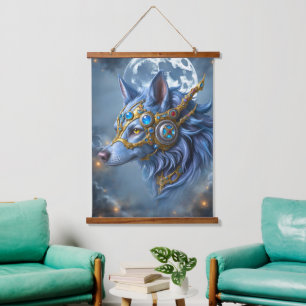 Moonlit Guardian of the Sapphire Veil. Hanging Tapestry