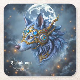 Moonlit Guardian of the Sapphire Veil. Square Paper Coaster