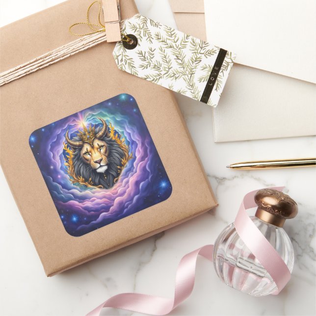 Moonlit Guardians – Cosmic lion. Square Sticker (Gifting)