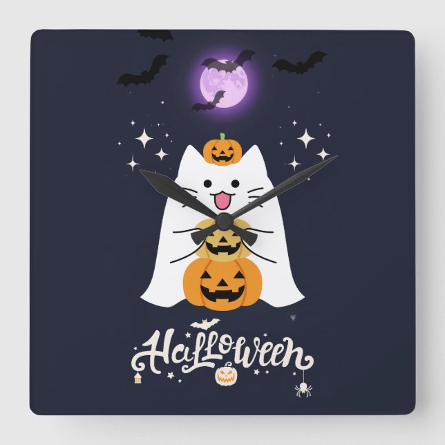 Moonlit Halloween Cat – Spooky & Sweet Night Square Wall Clock (Front)