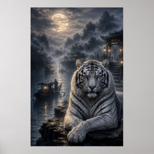 Moonlit Harbour Guardian   White Tiger Fantasy Art Poster