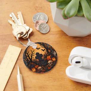 Moonlit Haunted Graveyard Gothic Halloween Cemeter Key Ring