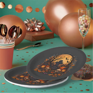 Moonlit Haunted Graveyard Gothic Halloween Cemeter Paper Plate