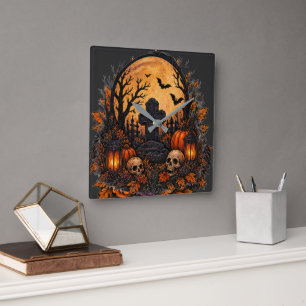Moonlit Haunted Graveyard Gothic Halloween Cemeter Square Wall Clock