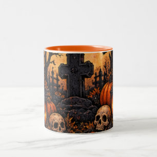 Moonlit Haunted Graveyard Gothic Halloween Cemeter Two-Tone Coffee Mug