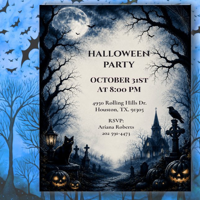 Moonlit Haunted Graveyard Halloween Party Invitation (Creator Uploaded)