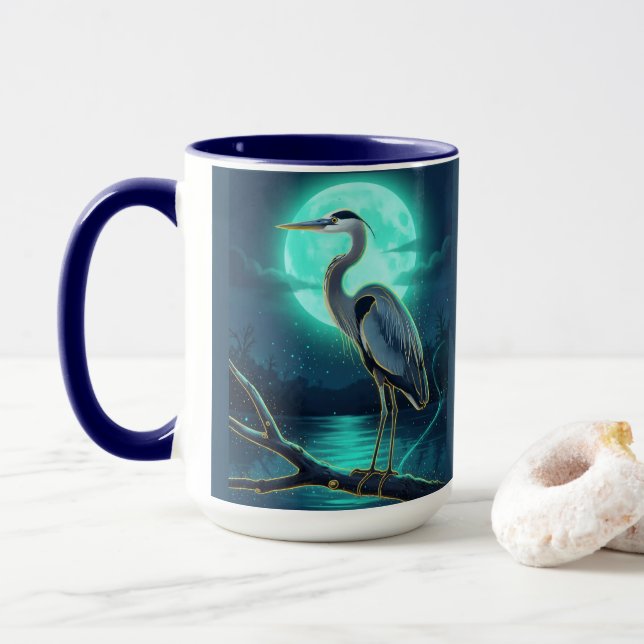 Moonlit Heron – Colourful Night Wildlife Art Mug (With Donut)