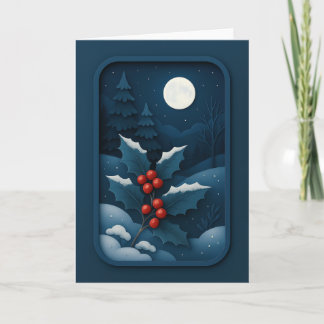 Moonlit Holly in Winter Forest Card