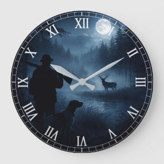 Moonlit hunt in the mist large clock